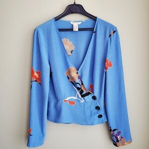 H&M Blue Floral Wrap Cropped Long Sleeve VGUC Blouse Sz 4/Small